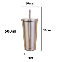 Load image into Gallery viewer, 500ml Stainless Steel Mug Travel Tumbler Coffee Cup With Drinking Straw Portable
