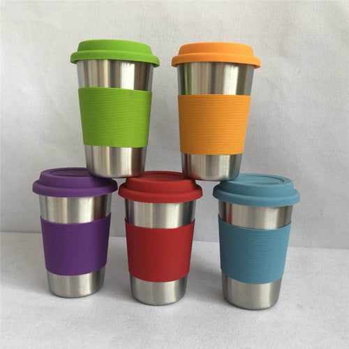 Stainless Steel Coffee Cups with Silicone Lids Non-slip Anti-scalding  Sleeves Case Drinking Tumblers Beer Water Tea Mugs 